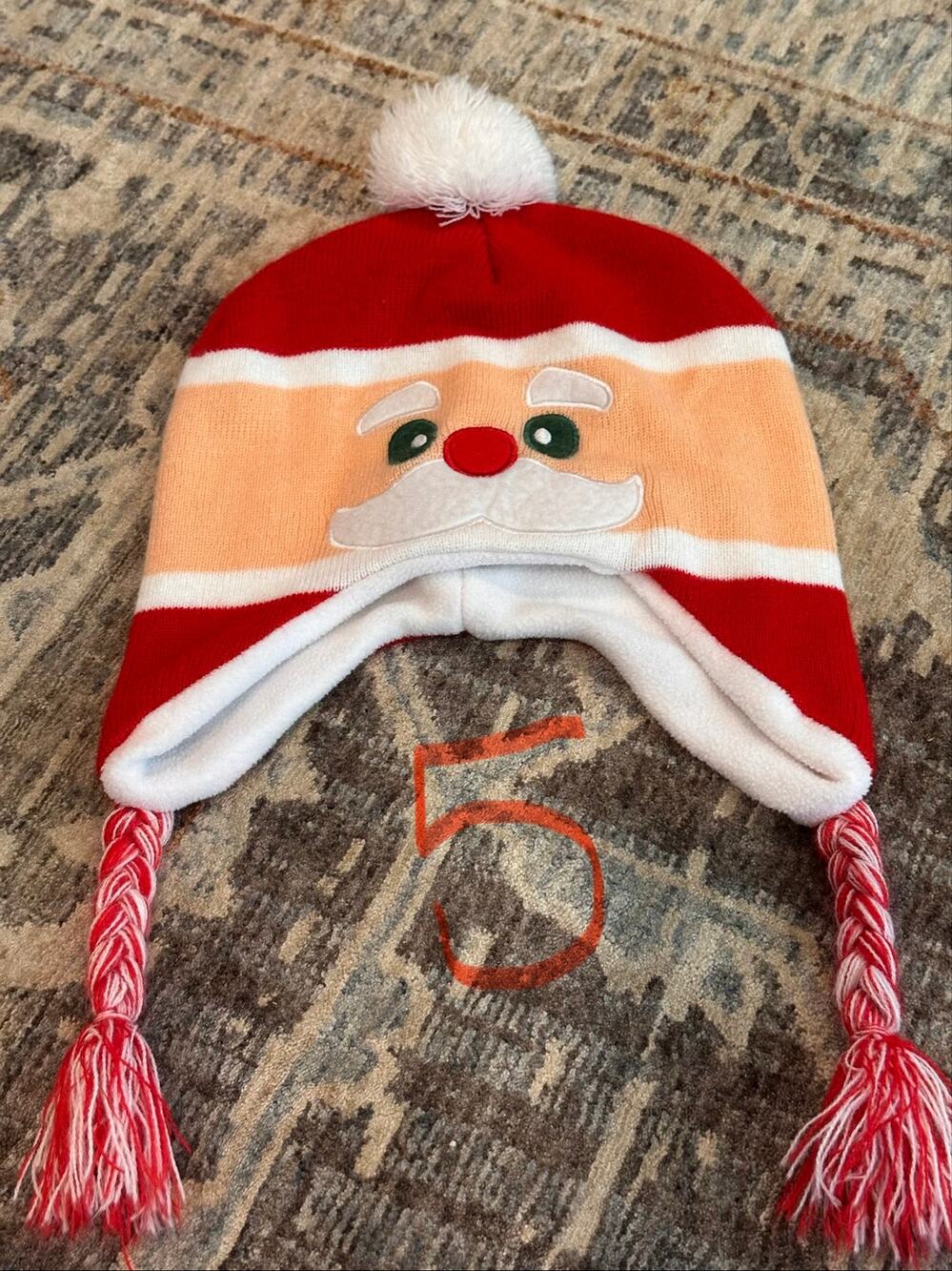 Santa Claus Winter Knit Hat Ear Flap Beanie Red White Pom Pom One Size